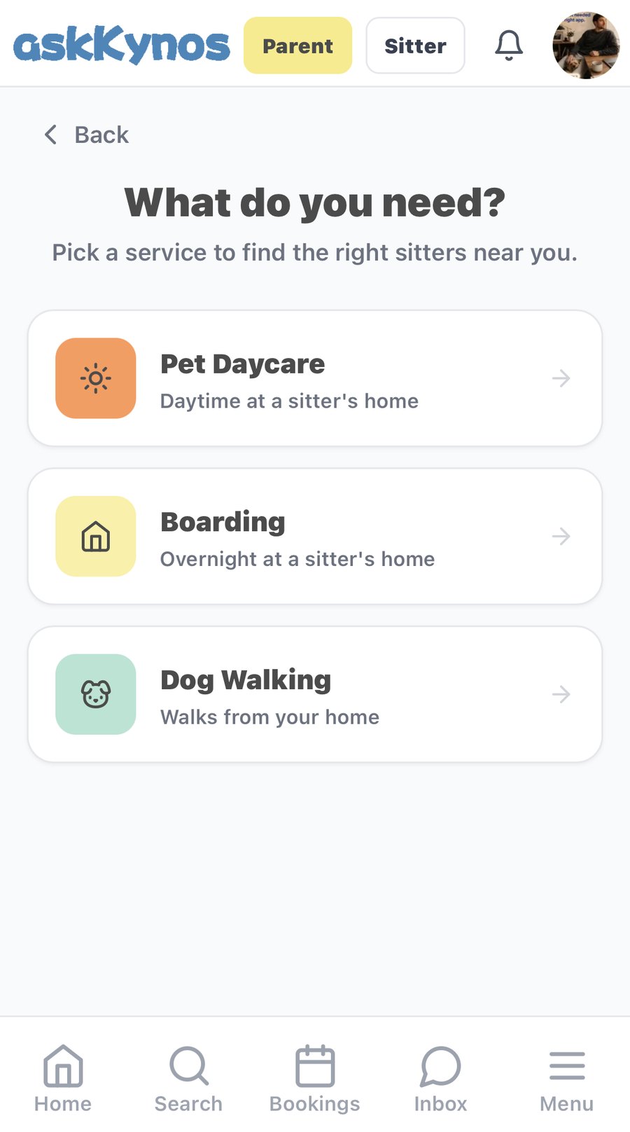askKynos service picker titled What do you need?, with Pet Daycare, Boarding and Dog Walking