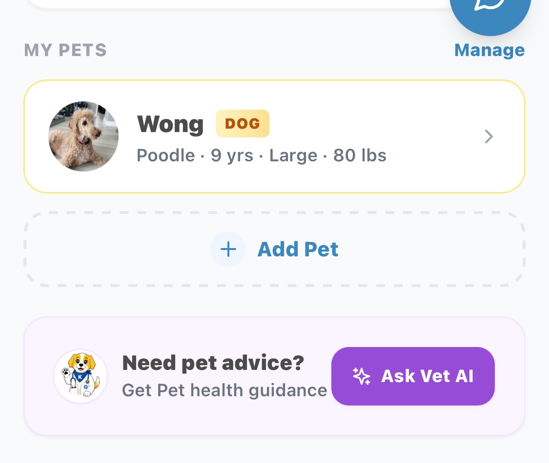 Wong's pet profile above the Pet Guidance button inside askKynos