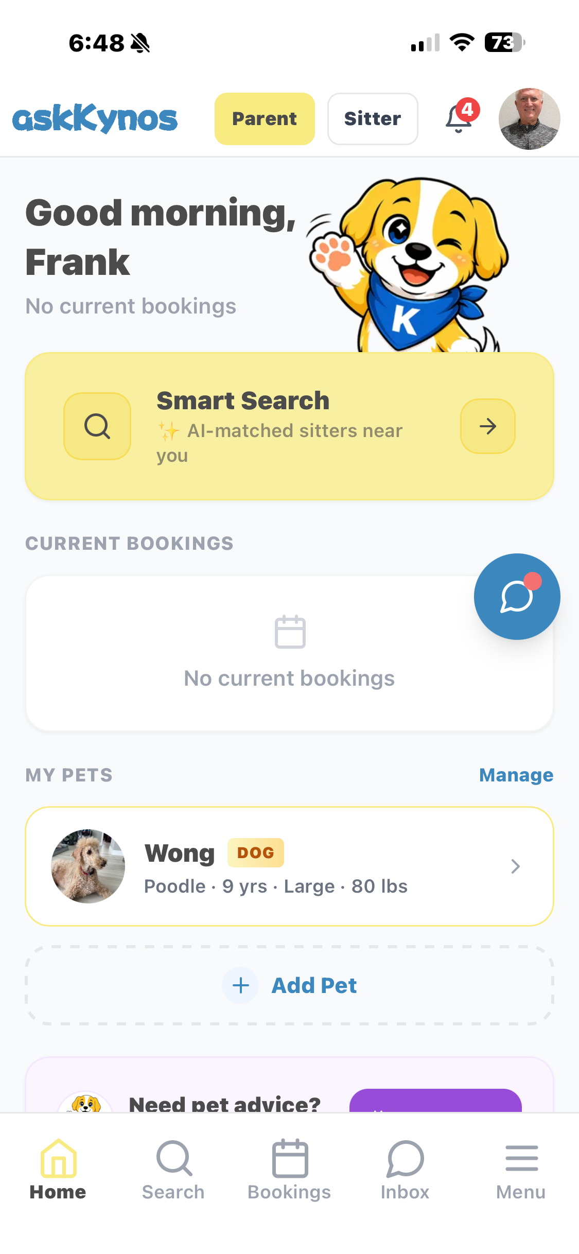 askKynos app showing the Parent and Sitter mode switch