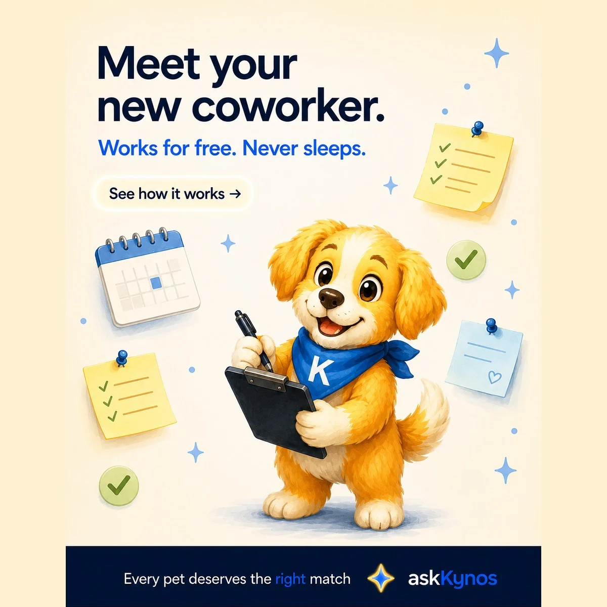 Kynos, the askKynos companion, ready to help pet sitters