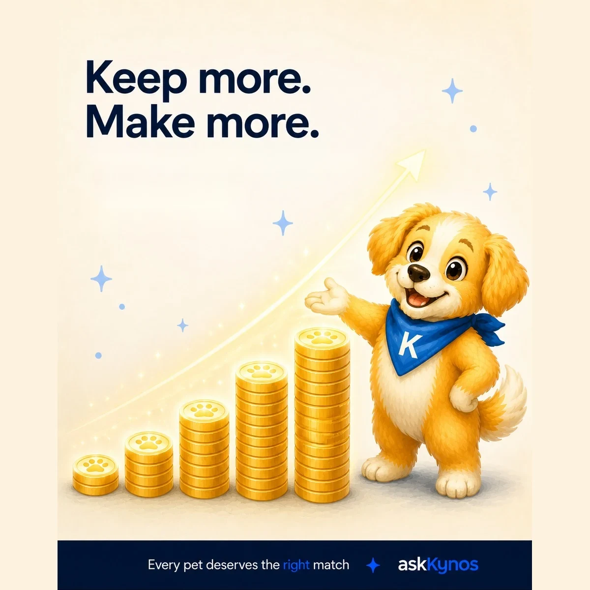 Kynos beside growing stacks representing sitter earnings