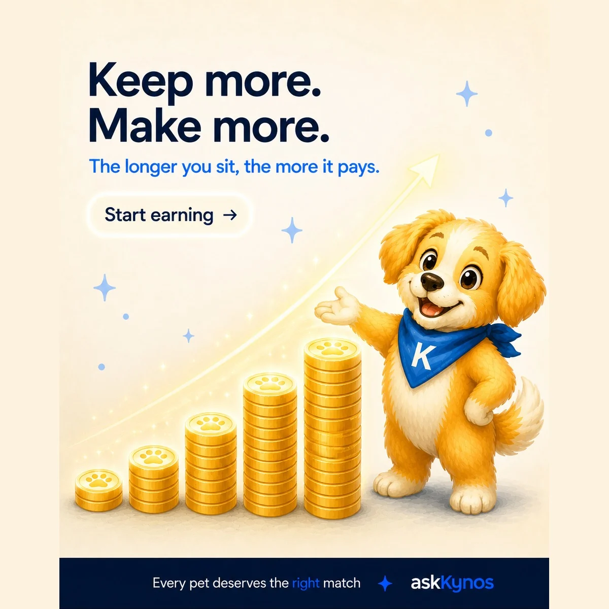 Kynos beside growing stacks representing sitter earnings