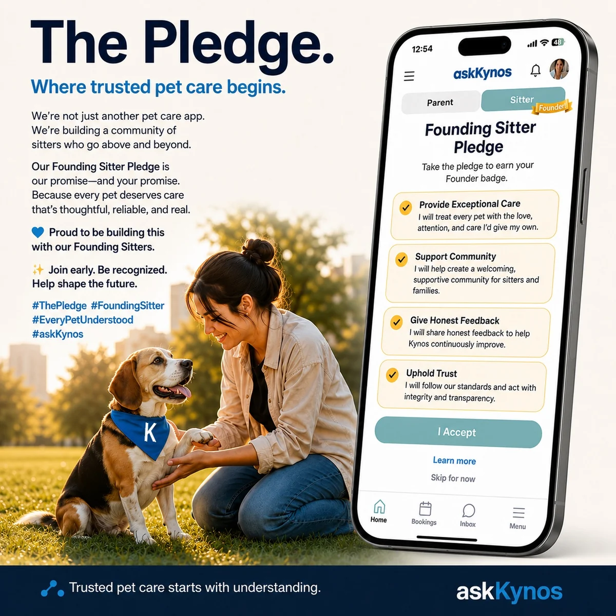 A Founding Sitter with a dog beside the askKynos Founding Sitter Pledge